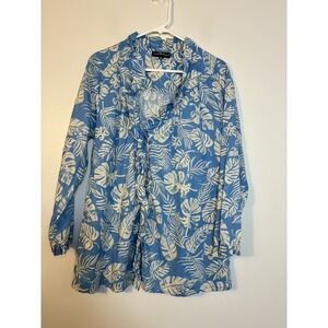 Lisa Byrd Blouse Sz Xl Blue Floral‎ 100% Cotton Boho Peasent Button Front